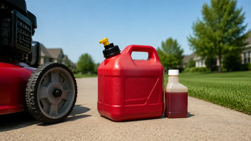 Gas can and fuel stabilizer next to lawn mower