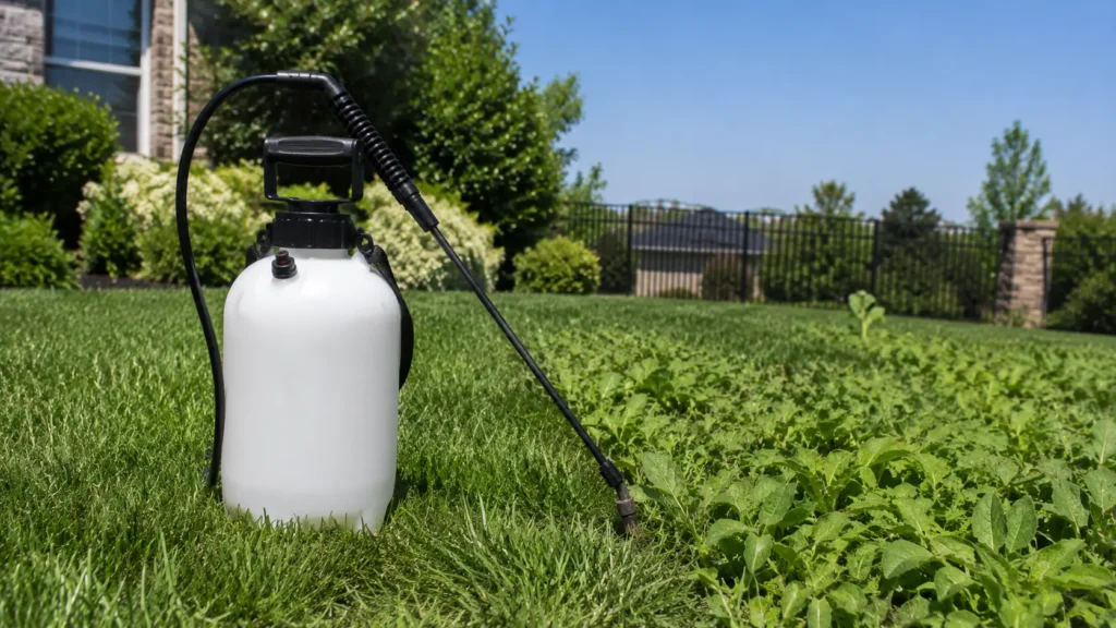 Plastic pump sprayer tank on lawn for weed control.
