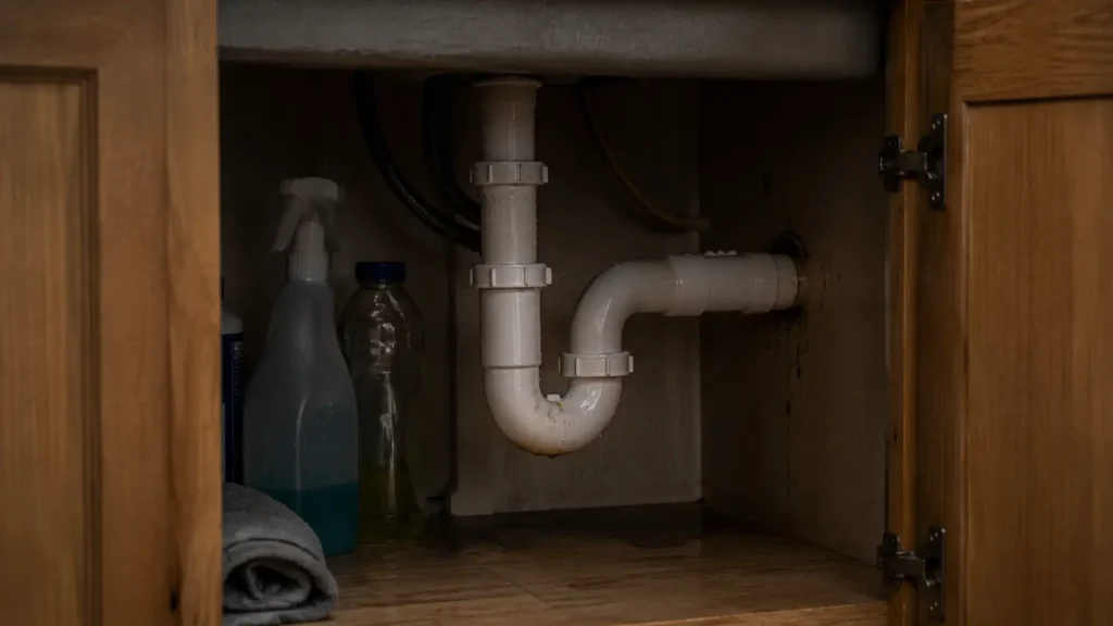 An open kitchen cabinet showing a damp plumbing P-trap