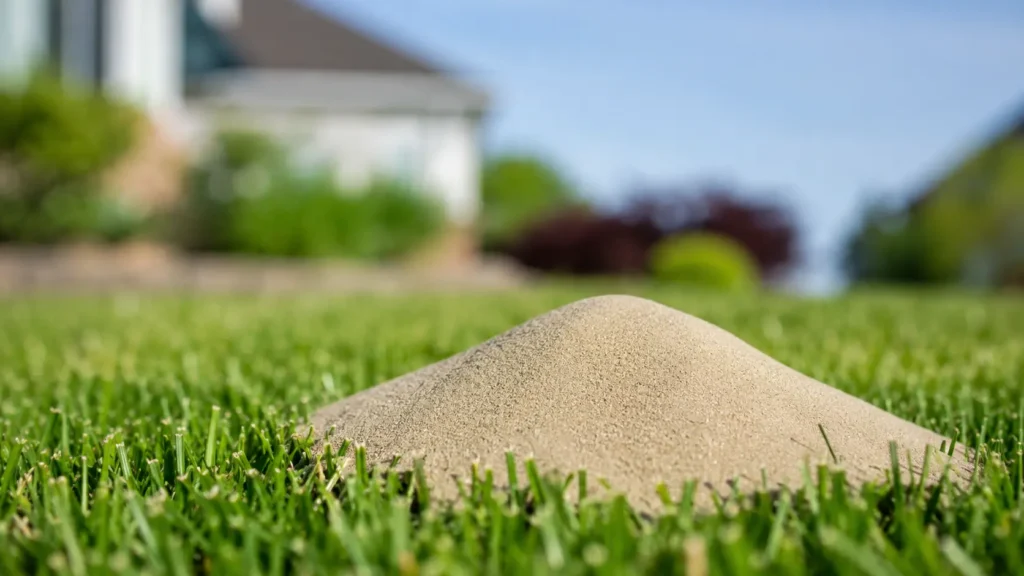 Close up view of fine mason sand piled on green grass