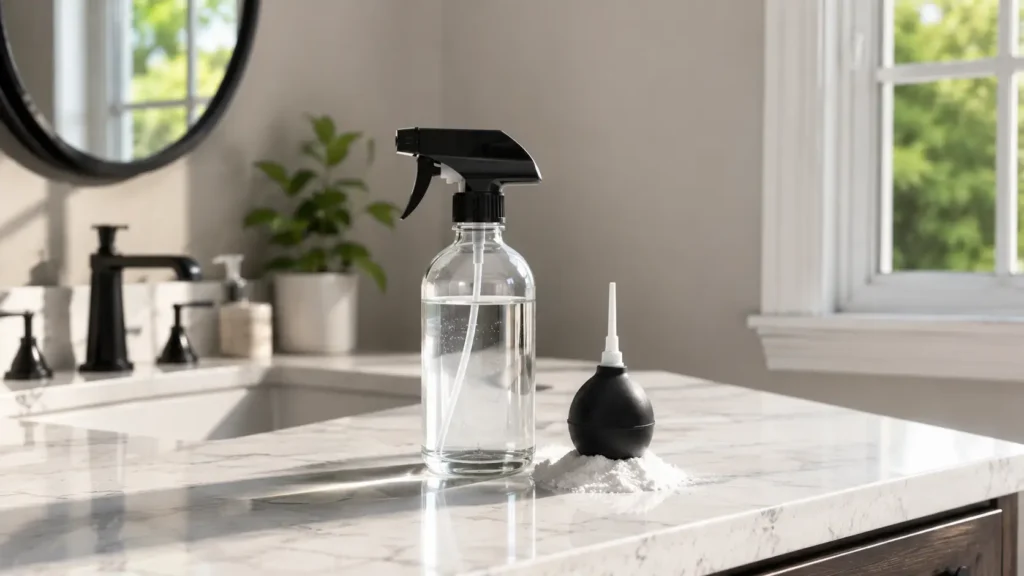 A glass spray bottle and powder duster for natural pest control