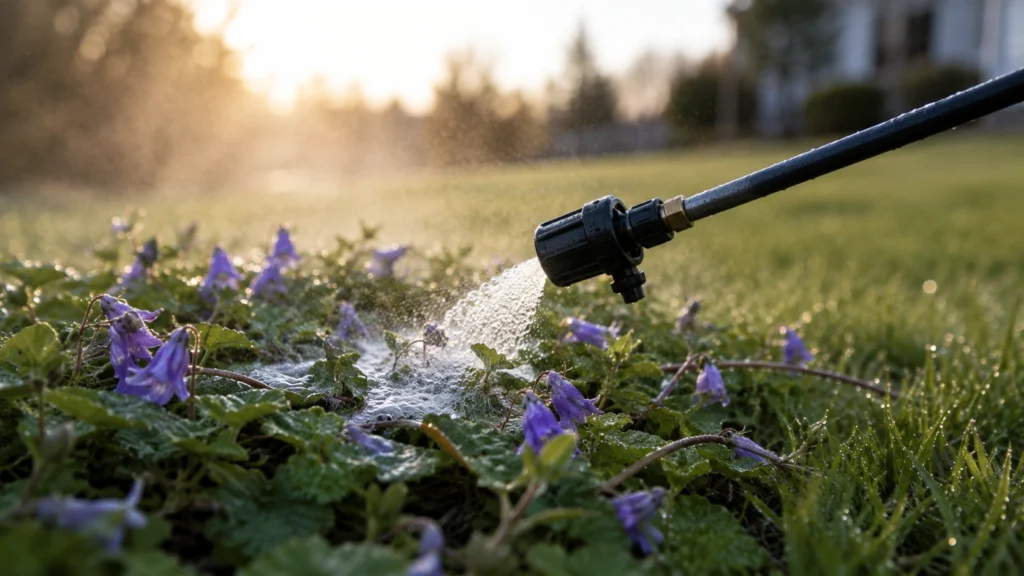Applying systemic creeping bellflower herbicide to weed leaves.