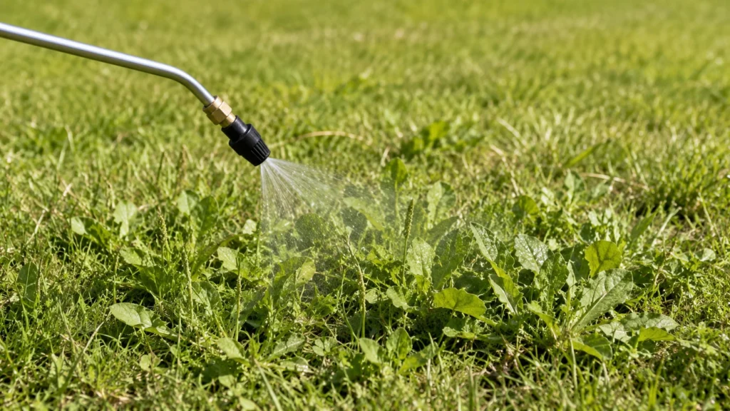 Applying post-emergent herbicide to a lawn with a pump sprayer.