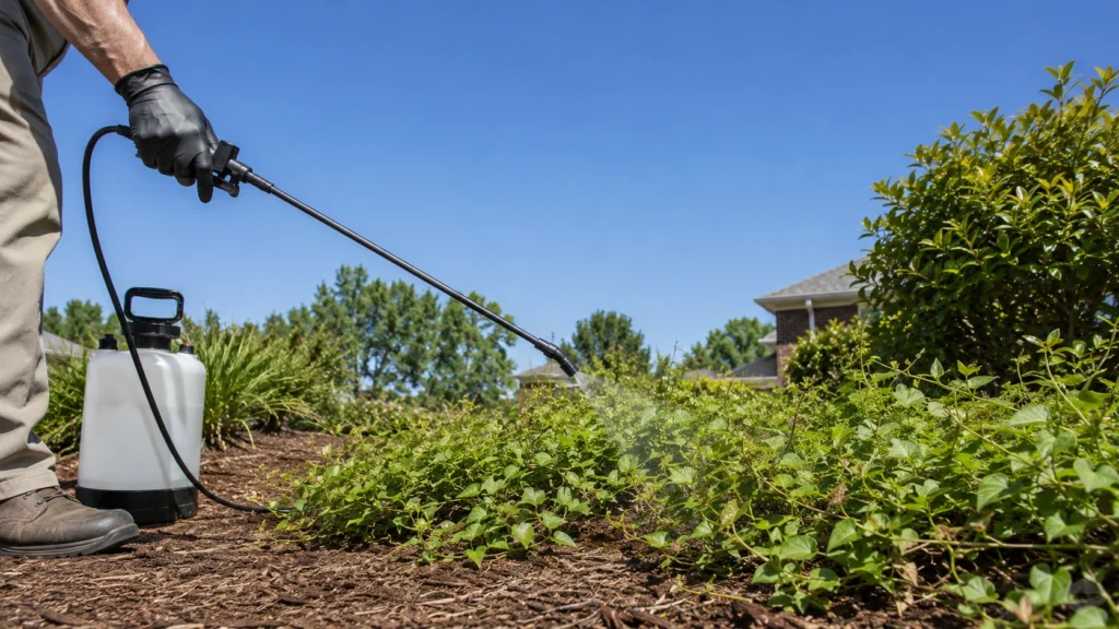 spraying systemic herbicide on bindweed vines in mulch