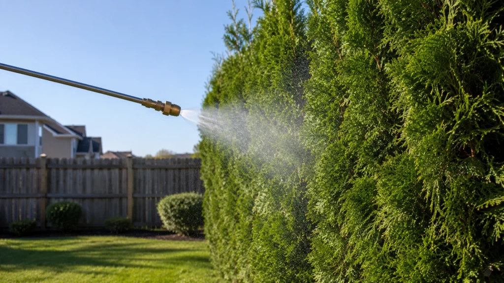 Applying liquid insecticide treatment to an infested arborvitae hedge