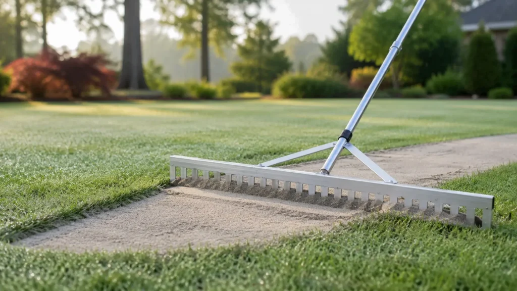 Metal lawn leveling rake pushing sand into uneven grass