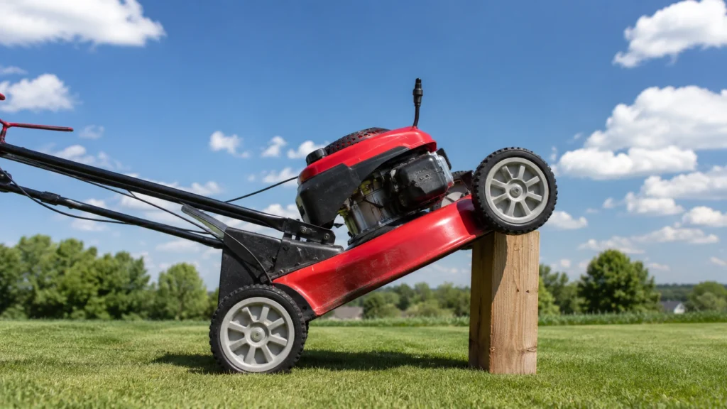 Correctly tilting a lawn mower backward with spark plug pointing up