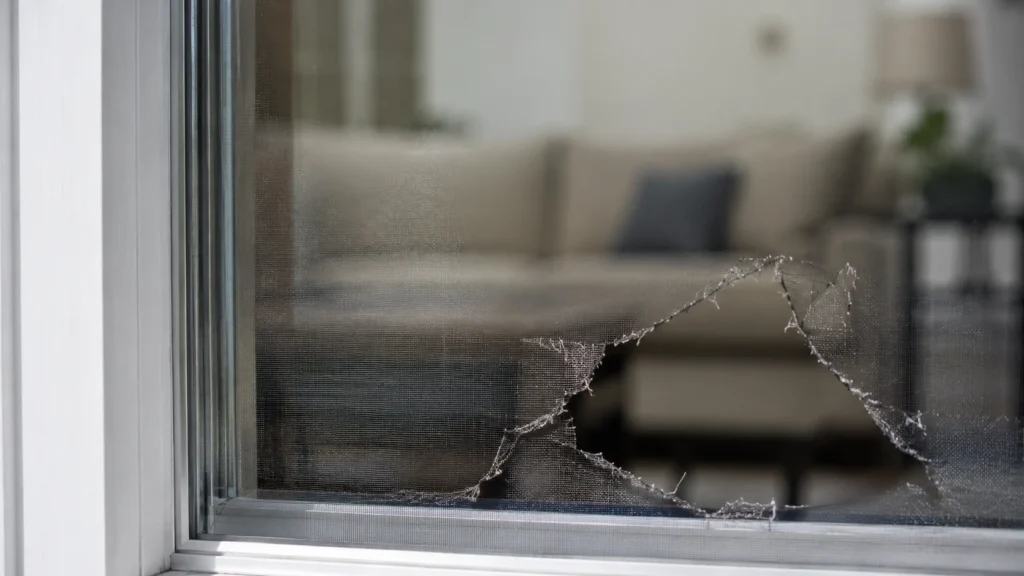 Torn fiberglass window screen showing how insects enter homes