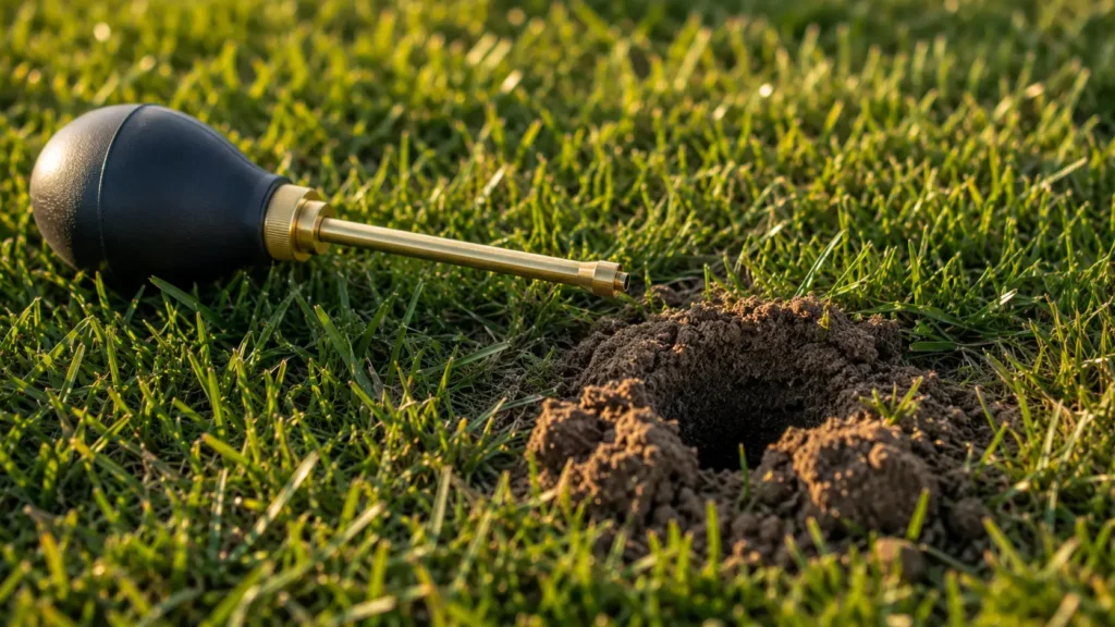 Pest control bulb duster next to a ground bee nest