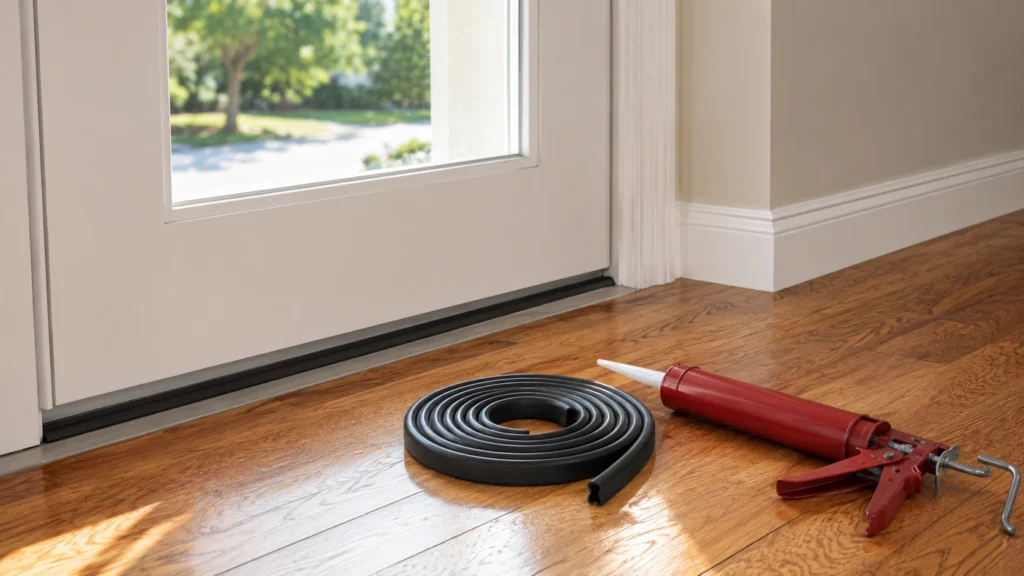 Weatherstripping and caulking gun on hardwood floor near front door