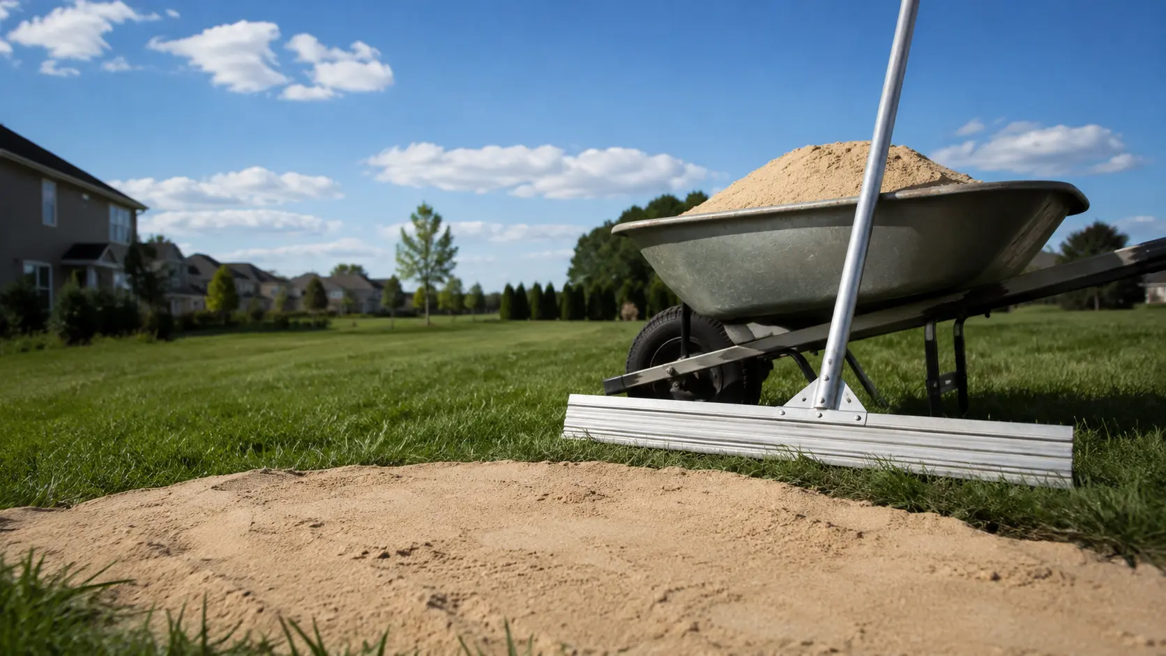Wheelbarrow with mason sand and a lawn leveling rake in a yard