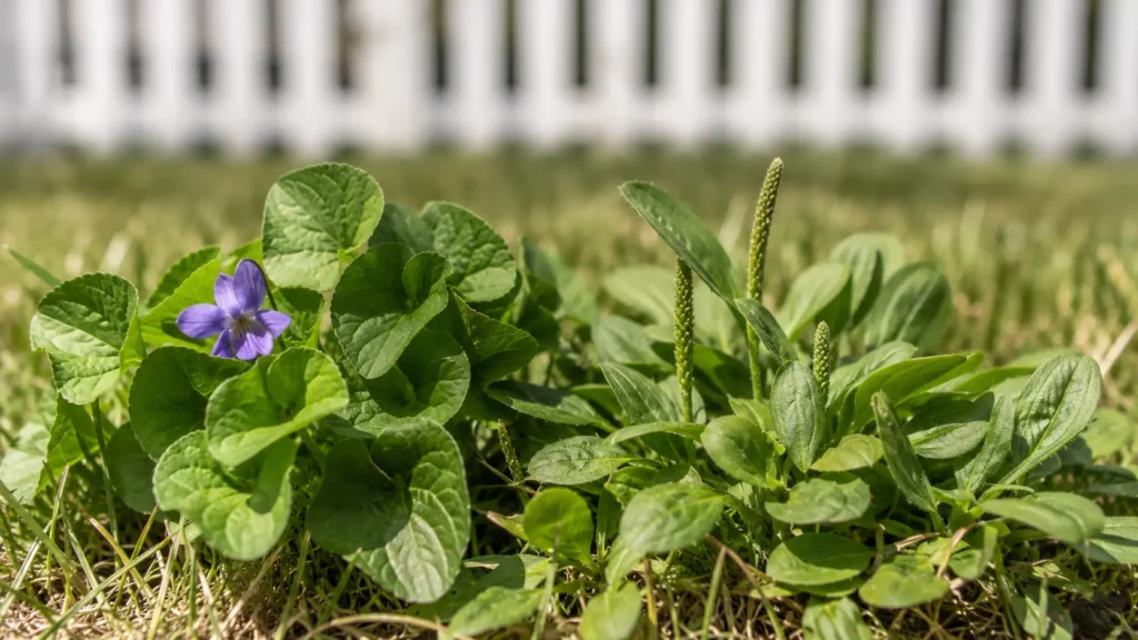 Close up comparison of oxalis and clover weed leaves.