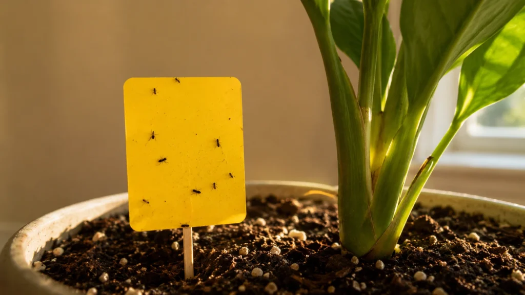 Yellow sticky trap catching fungus gnats in a houseplant.