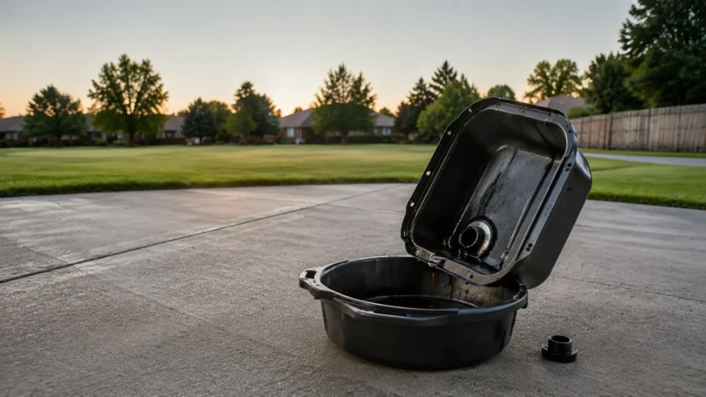 Draining rusty vinegar from a lawn equipment fuel tank into a pan.