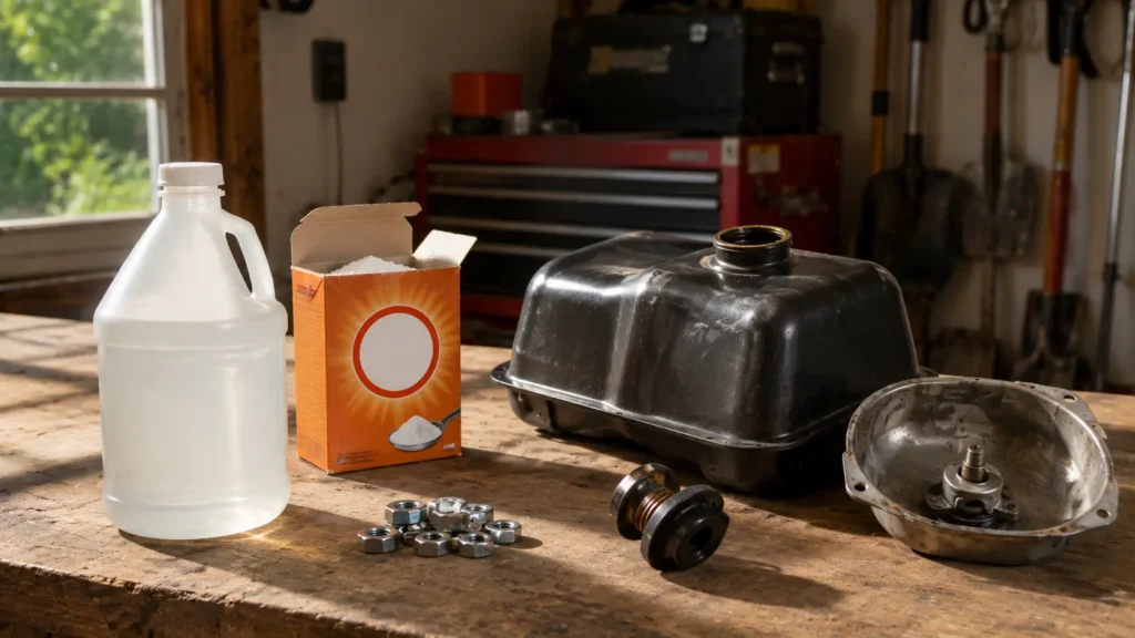 Tools and vinegar required to clean a rusty fuel tank.